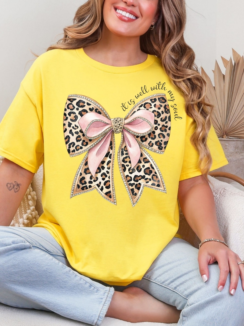 Gildan Yellow Short Sleeve Tee with Leopard Bow and Pink Accents